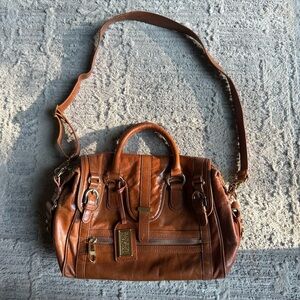 Badgley Mischka Vintage Cognac Brown Leather Satchel Bag‎